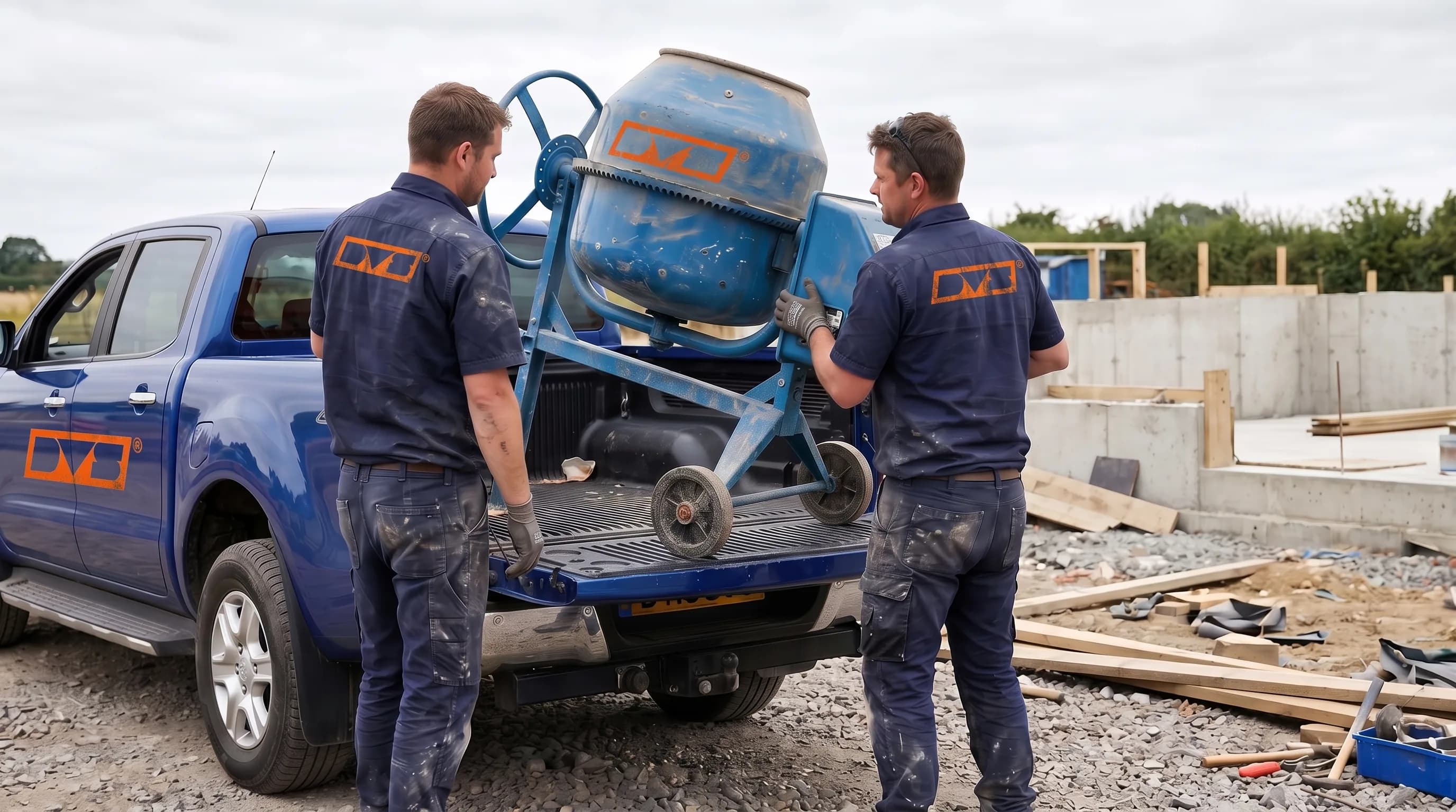 Equipe da DVS carregando uma betoneira na caçamba de uma pickup na obra